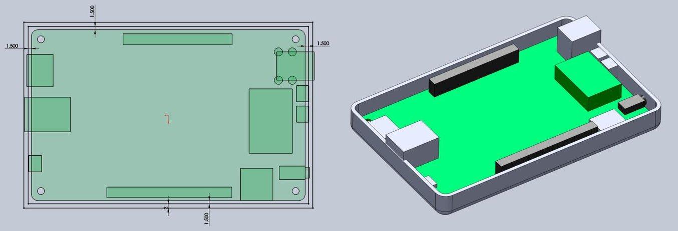 Schnappverbindung 3D-drucken - Fügen Sie etwas Freiraum zwischen den Umfang Ihres elektronischen Bauteils und das Gehäuse ein (links). Entwerfen Sie die Wände des unteren Gehäuses in Ihrem 3D-Modell (rechts).
