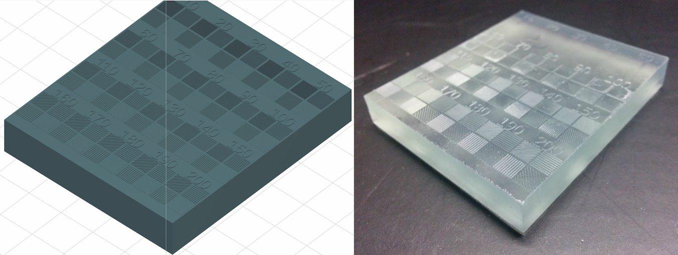 Pour tester la taille minimum sur l'axe XY, nous avons conçu un modèle (à gauche) comprenant des lignes allant de 10 à 200 microns, puis l'avons imprimé en résine Claire (droite).