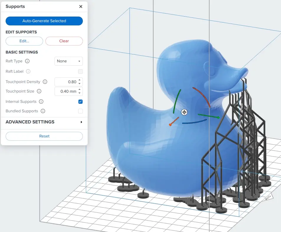Model in PreForm on the build platform with supports