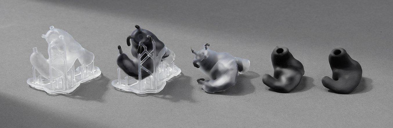 Custom earbuds are made by casting a biocompatible silicone in hollow molds printed in Formlabs Clear Resin.
