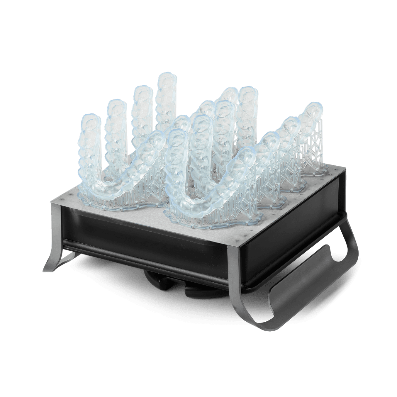 Fertige 3D-gedruckte flexible Okklusionsschiene aus Dental LT Comfort Resin auf einem Diagnosemodell.