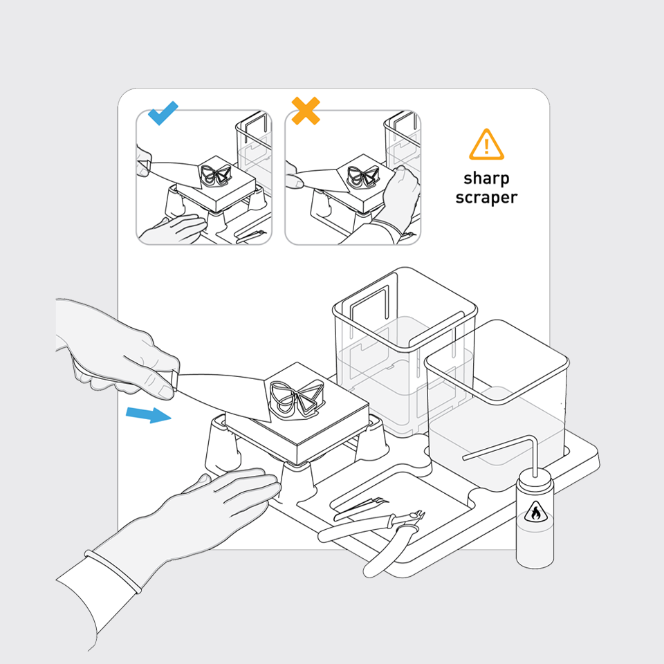 Step 2—Peel Off Part: The scraper from the Form Finish Kit helps you easily peel your part off the build platform. 