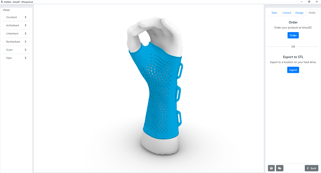 Screenshot of a wrist orthotic design in Artus3D software