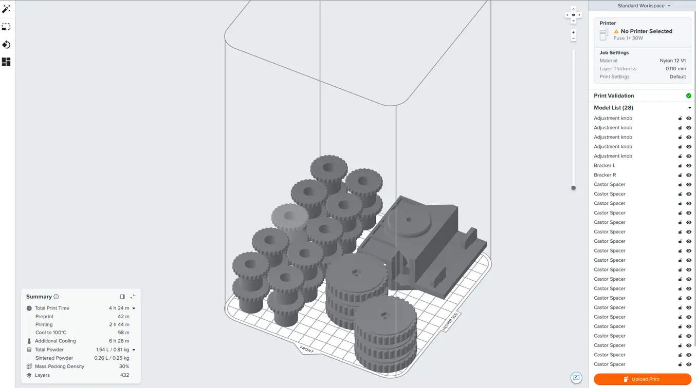 The print summary card at lower left corner, build, and list of parts at the right in a PreForm screenshot