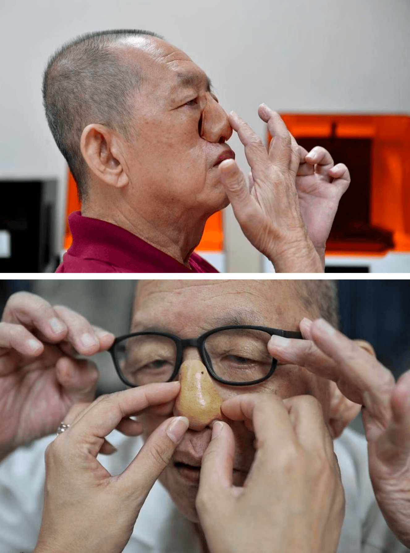Two photos of Mr. Lian trying on the prosthetic nose