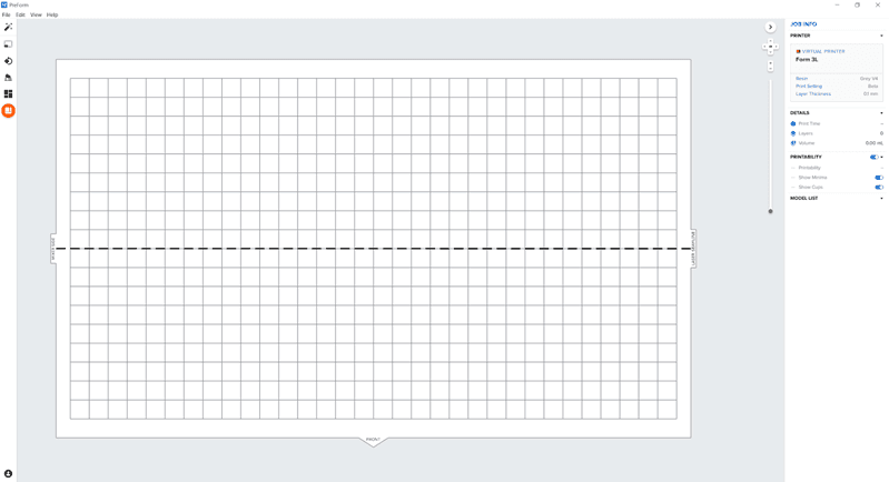 A screenshot of an empty build platform in PreForm. The dashed line of the seamline is clearly visible running down the middle of the build platform.