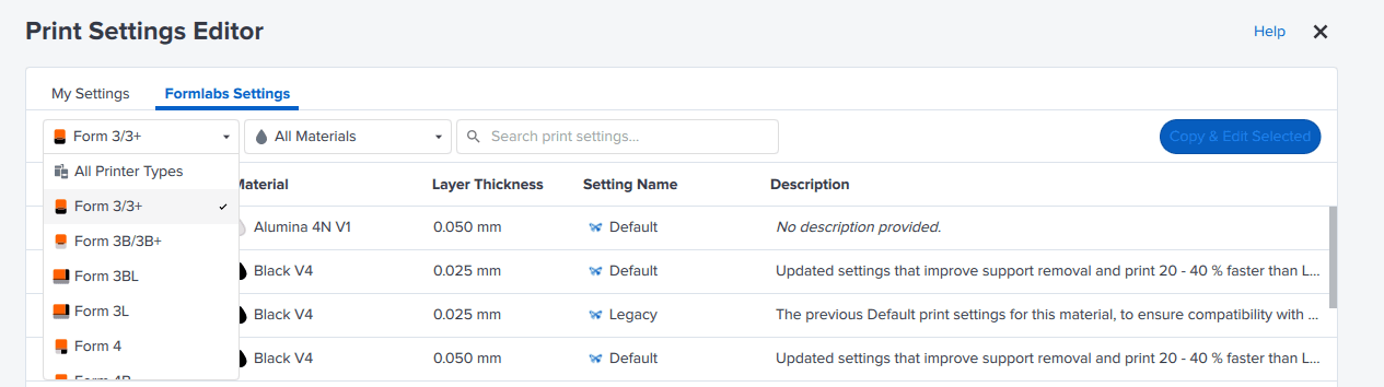 Printer filter in the PreForm Print Settings Editor