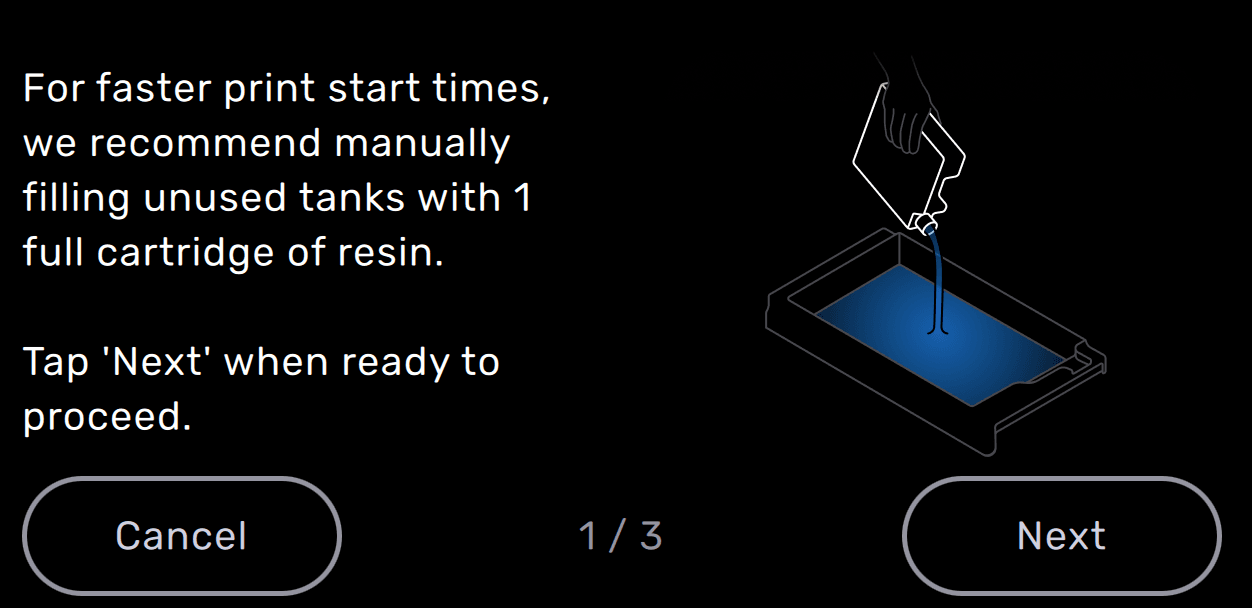 Form 3L touchscreen displays a recommendation to manually refill