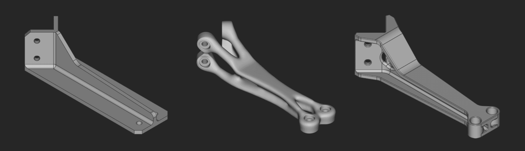 rendering of three brackets, the second two have been topology optimized