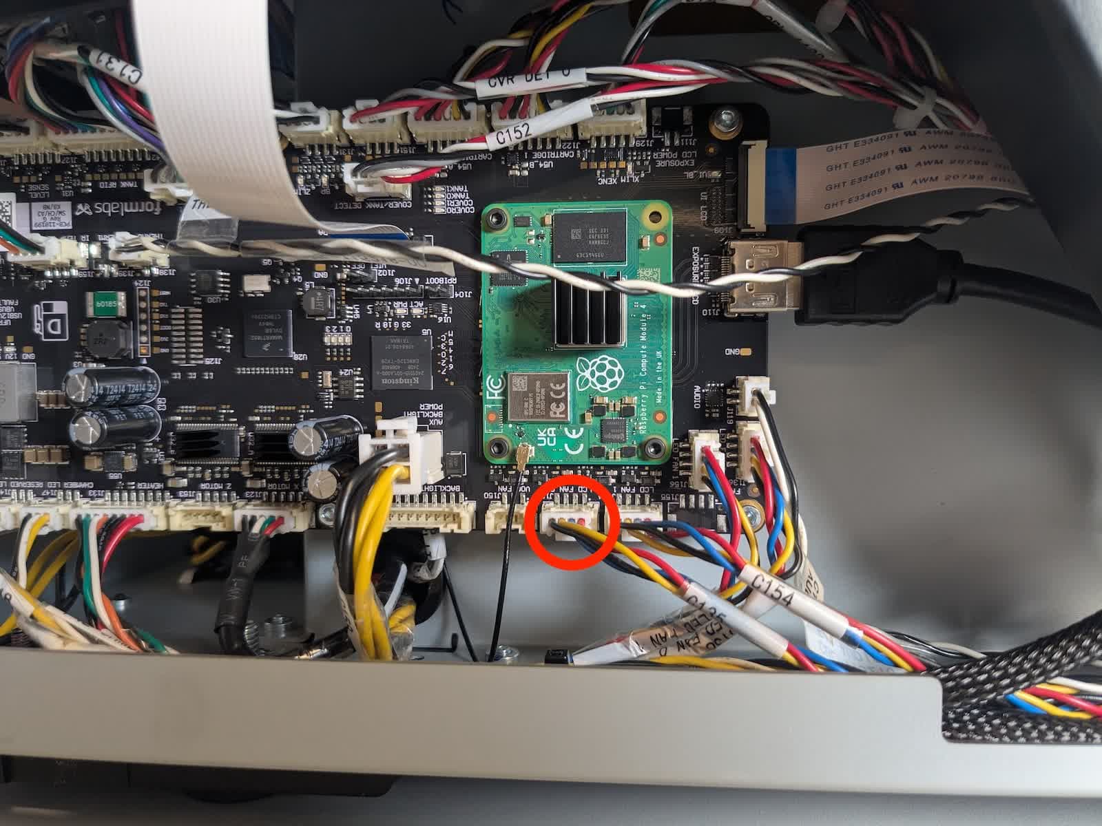 Front Light Processing Unit fan cable on a Form 4L generation printer