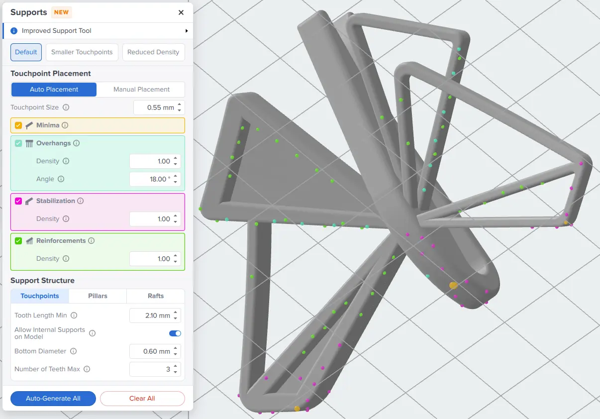 Color-coded support touchpoints in PreForm 3.52.0