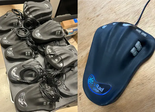 Black devices that look like very customized computer mice.
