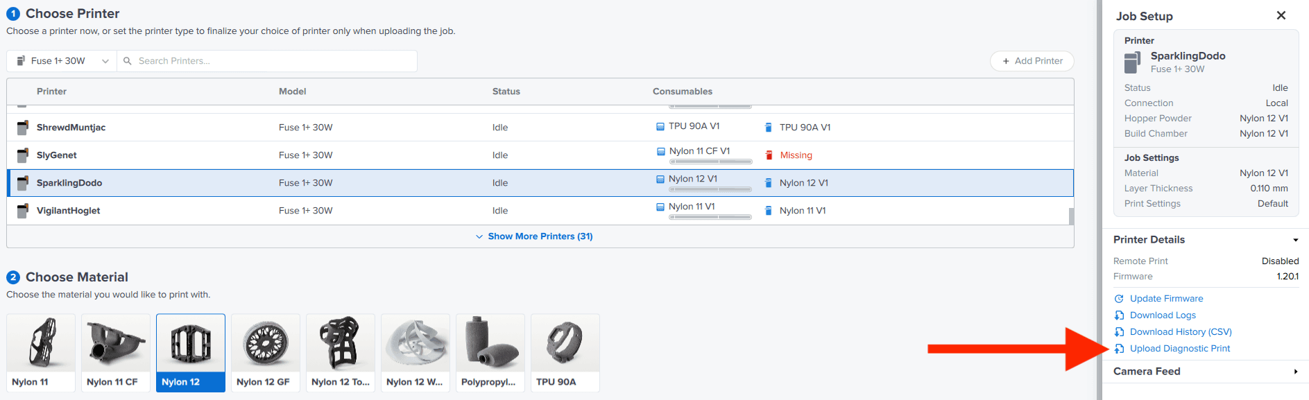 Uploading a diagnostic print