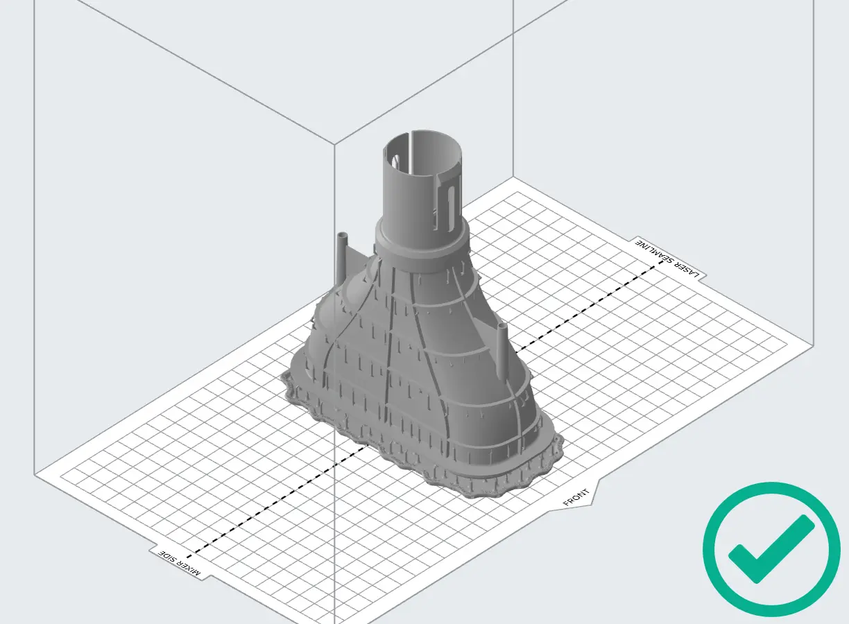 A model is shown in PreForm with the long edge perpendicular to the front of the build scene.