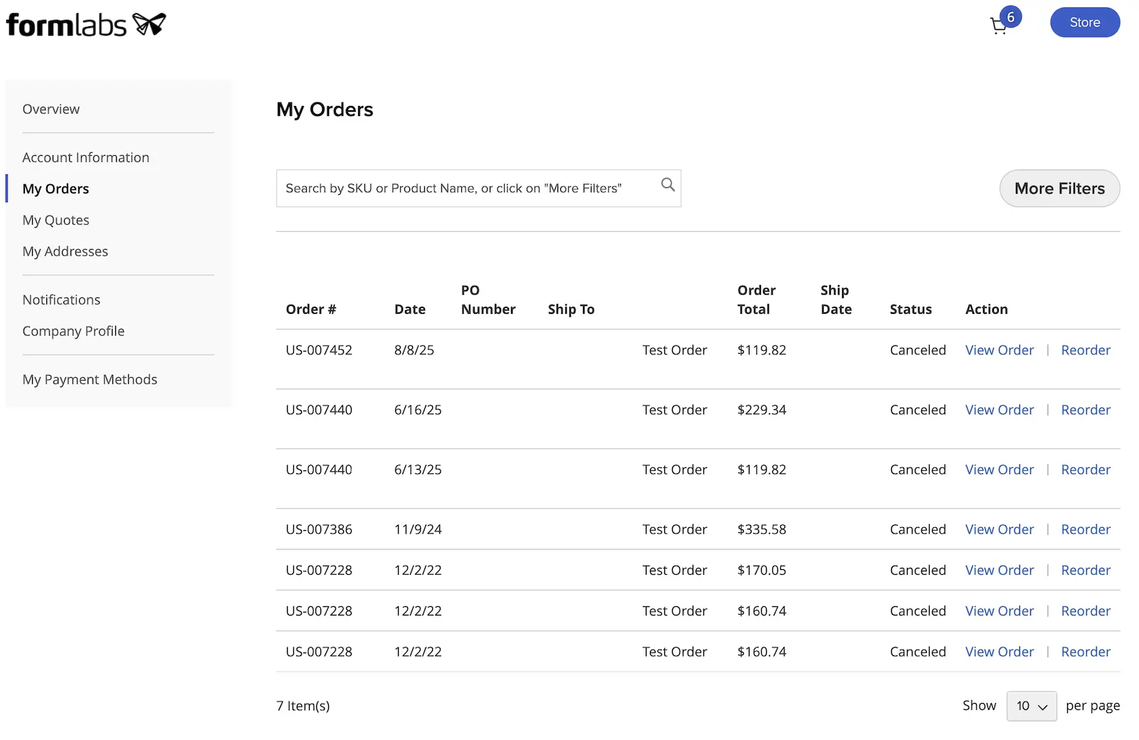 Dashboardでアカウントの注文を表示する