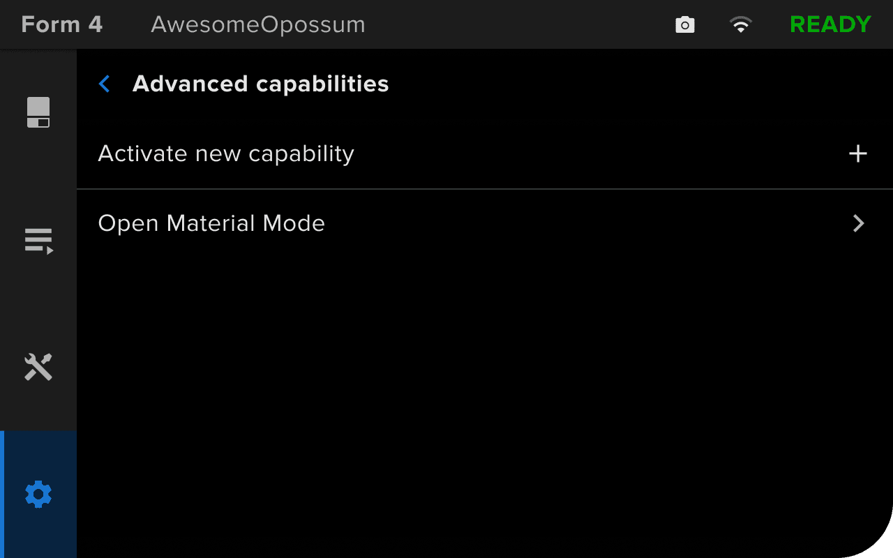 Form 4世代のプリンターでOpen Material Modeが有効になっている