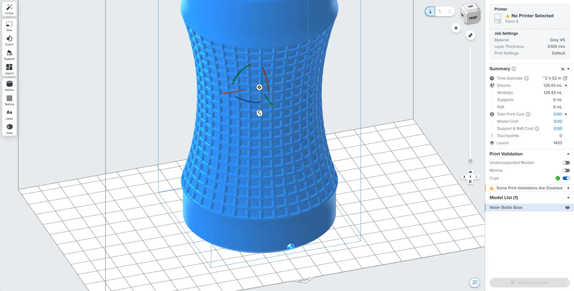Hole drilled in a model using PreForm