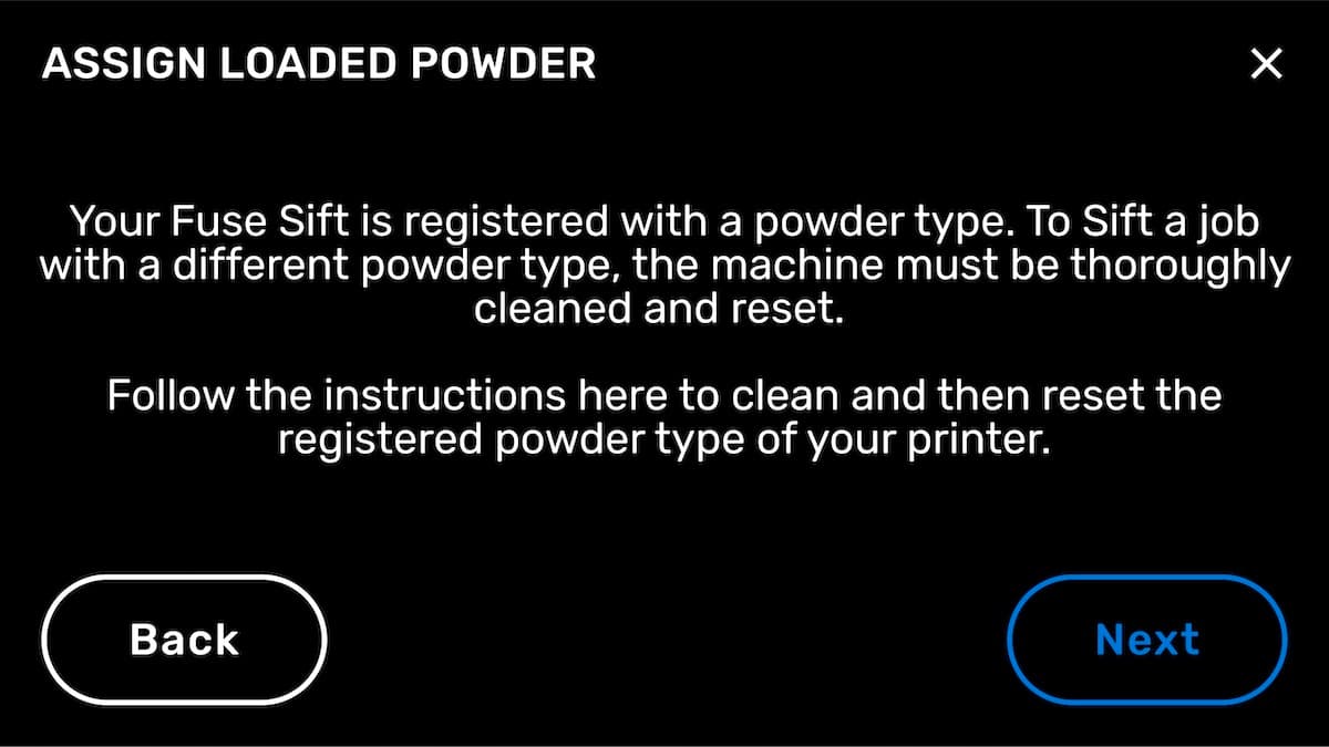 Fuse Sift's powder switching workflow, screen 1