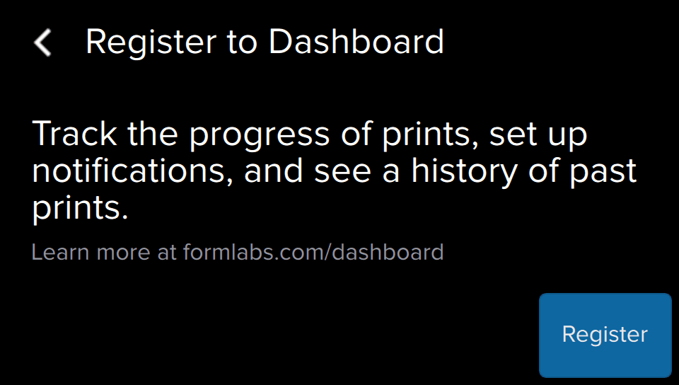 Dashboard登録を促すメッセージが表示されているForm 2 のタッチスクリーン