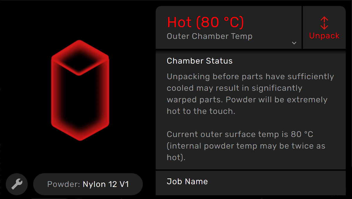 A Fuse Sift showing the inserted build chamber is too hot to unpack