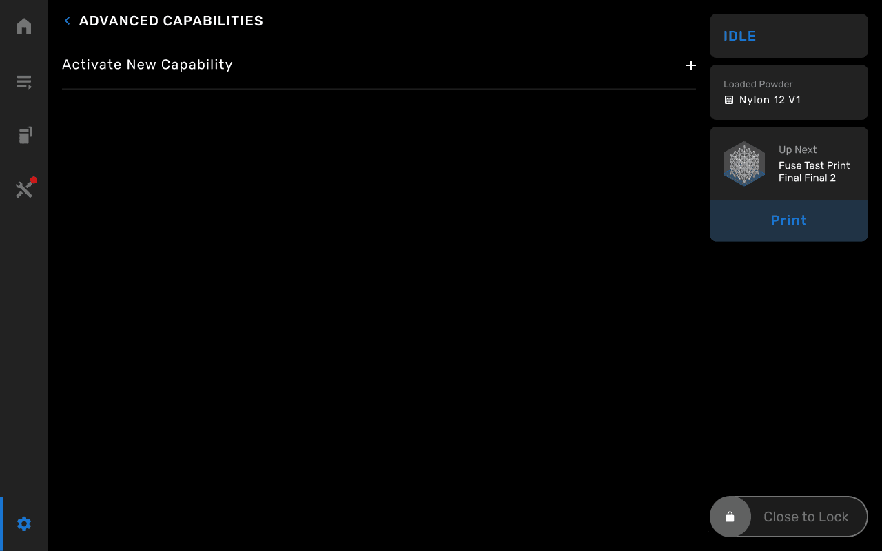 The Advanced capabilities screen on a Fuse 1+ 30W printer