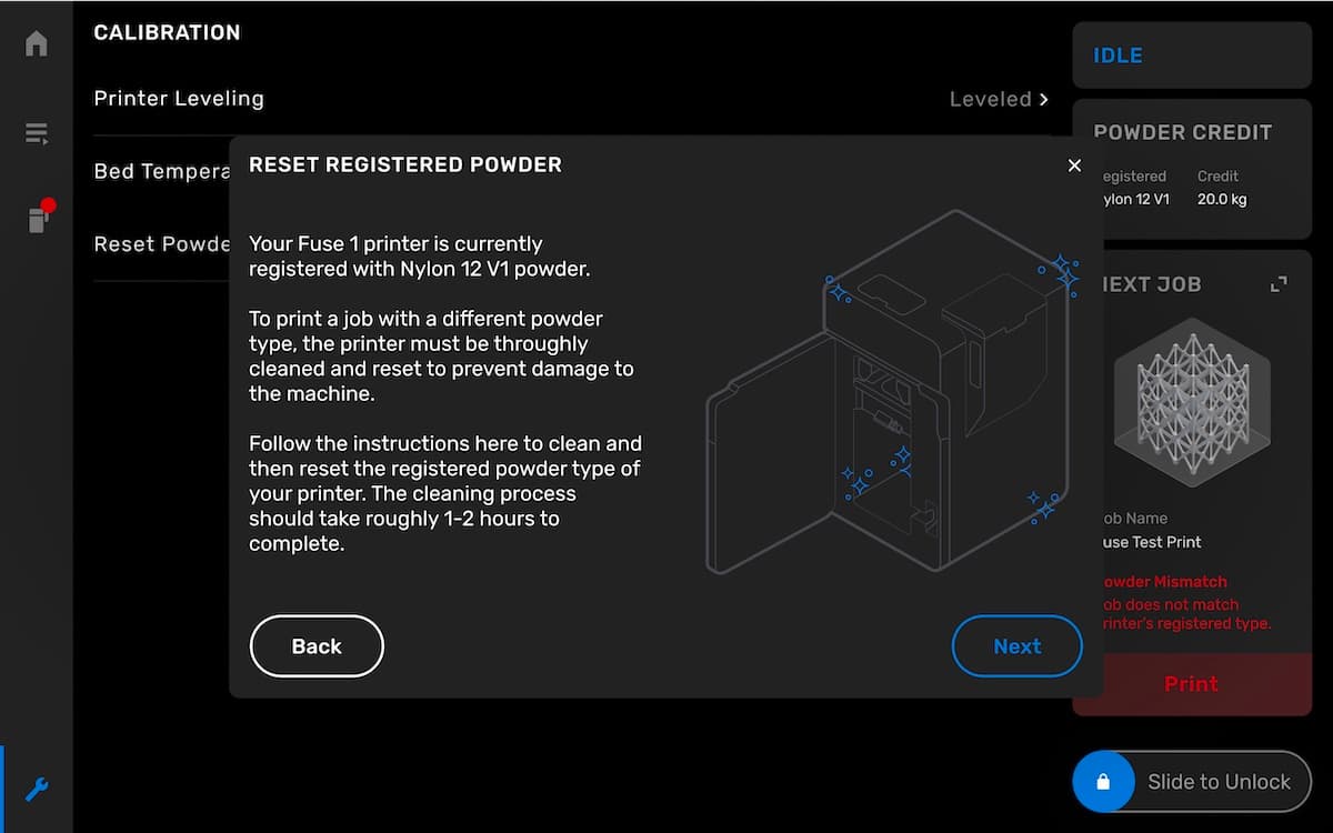 The Fuse 1's powder switching workflow, screen 1