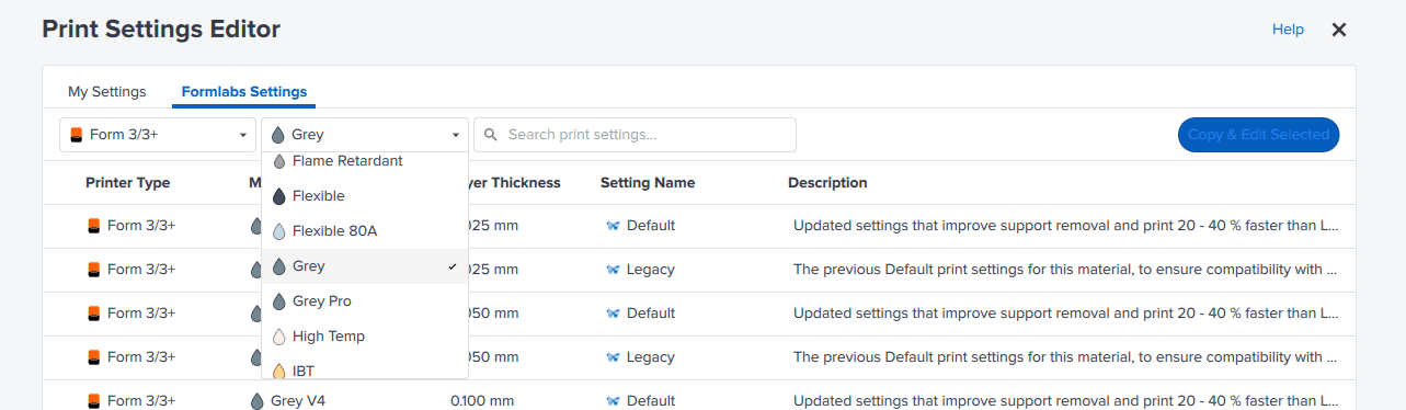 Material filter in the PreForm Print Settings Editor