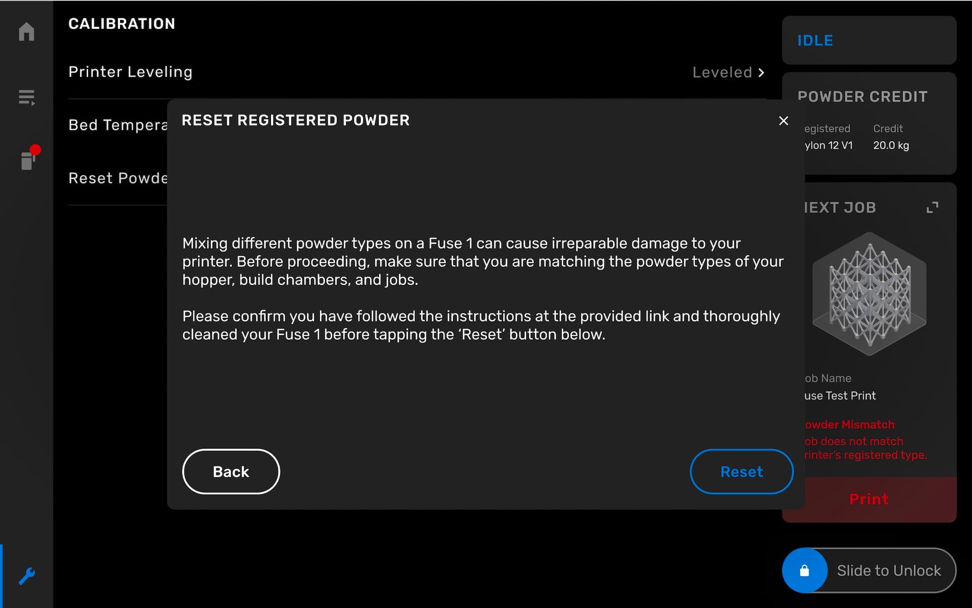 The Fuse 1's powder switching workflow, screen 3