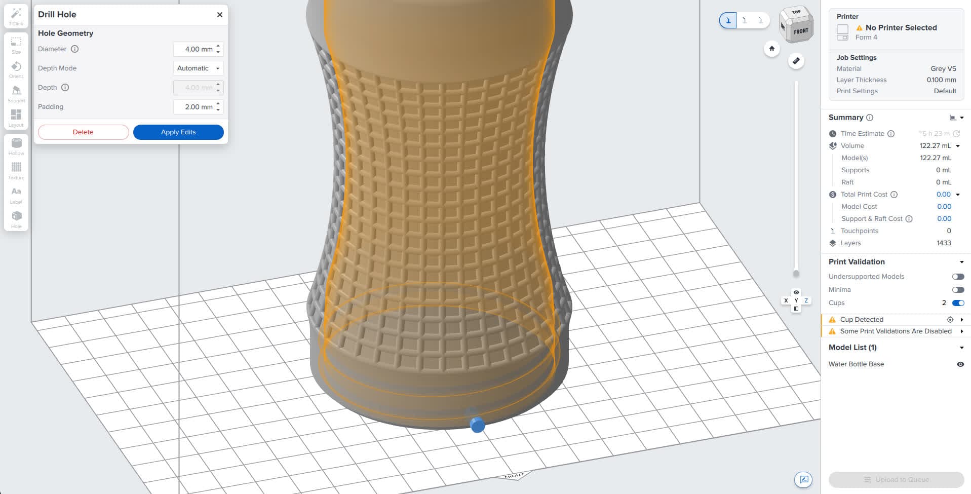 Preview of hole to be drilled in a model using PreForm