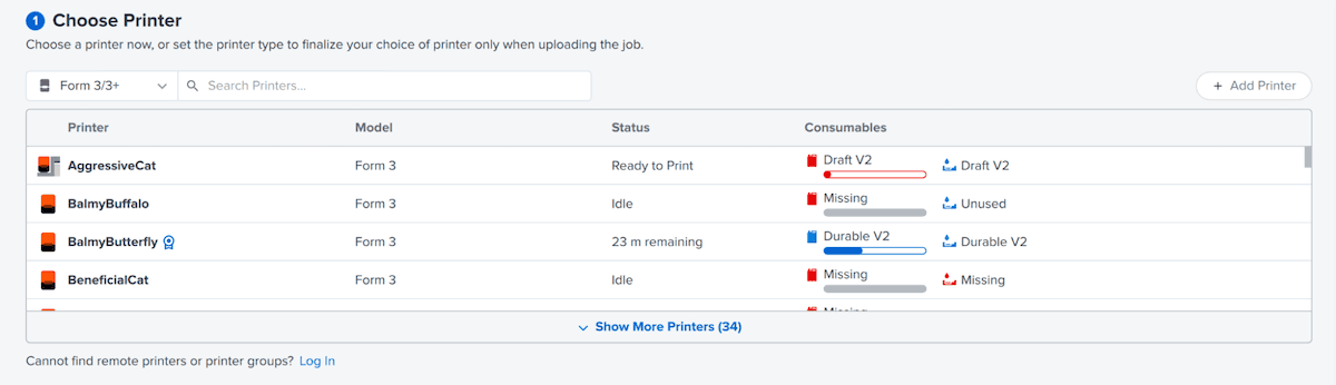 PreFormでOpen Material Modeが有効化されたForm 3プリンターが表示されている