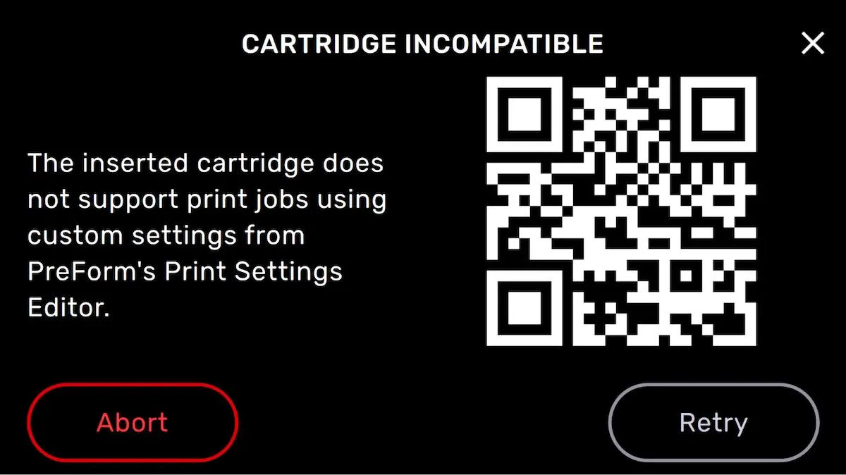 Form 3またはForm 3L世代のプリンターにCartridge Incompatible(非対応のカートリッジ)メッセージ