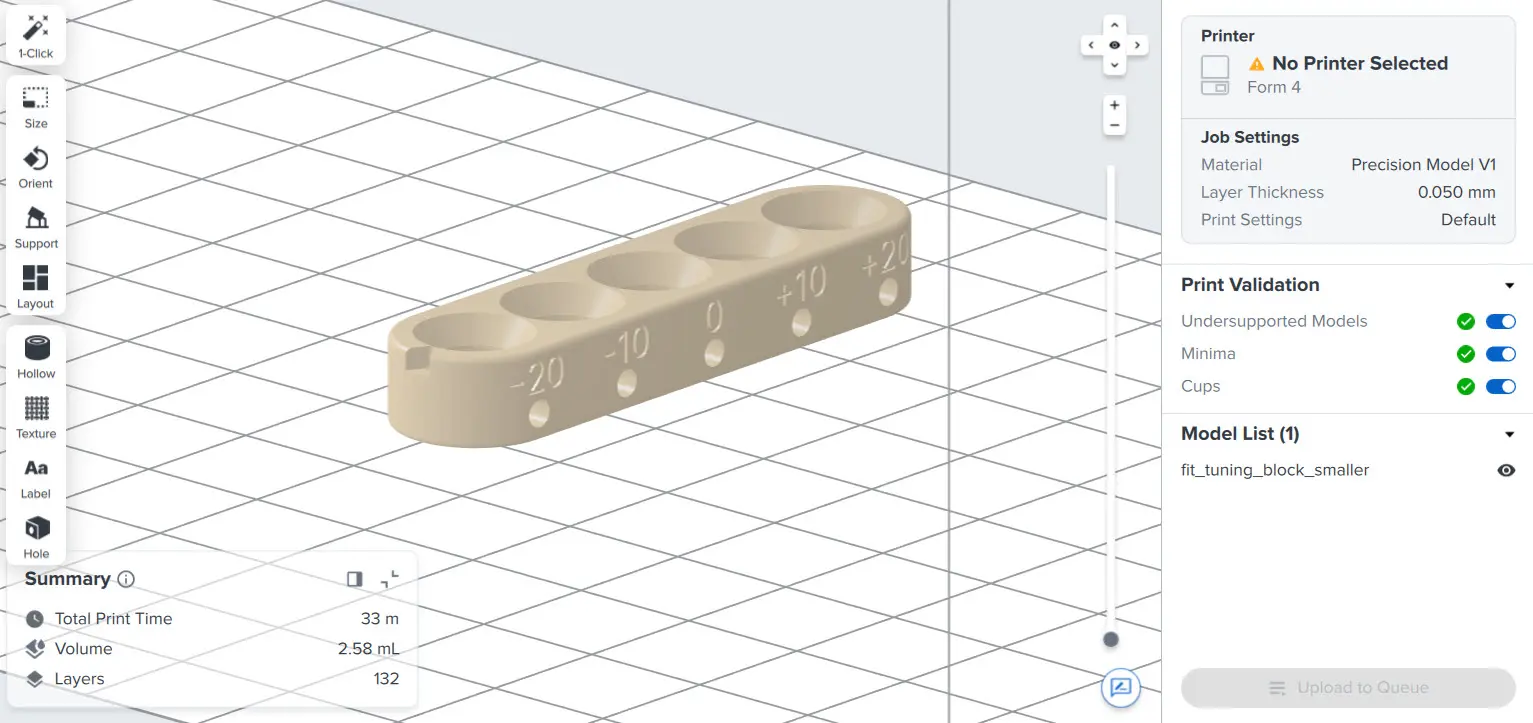 Fit tuning test block in PreForm