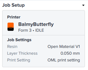 Open Materialが選択されているPreFormのジョブのセットアップカード
