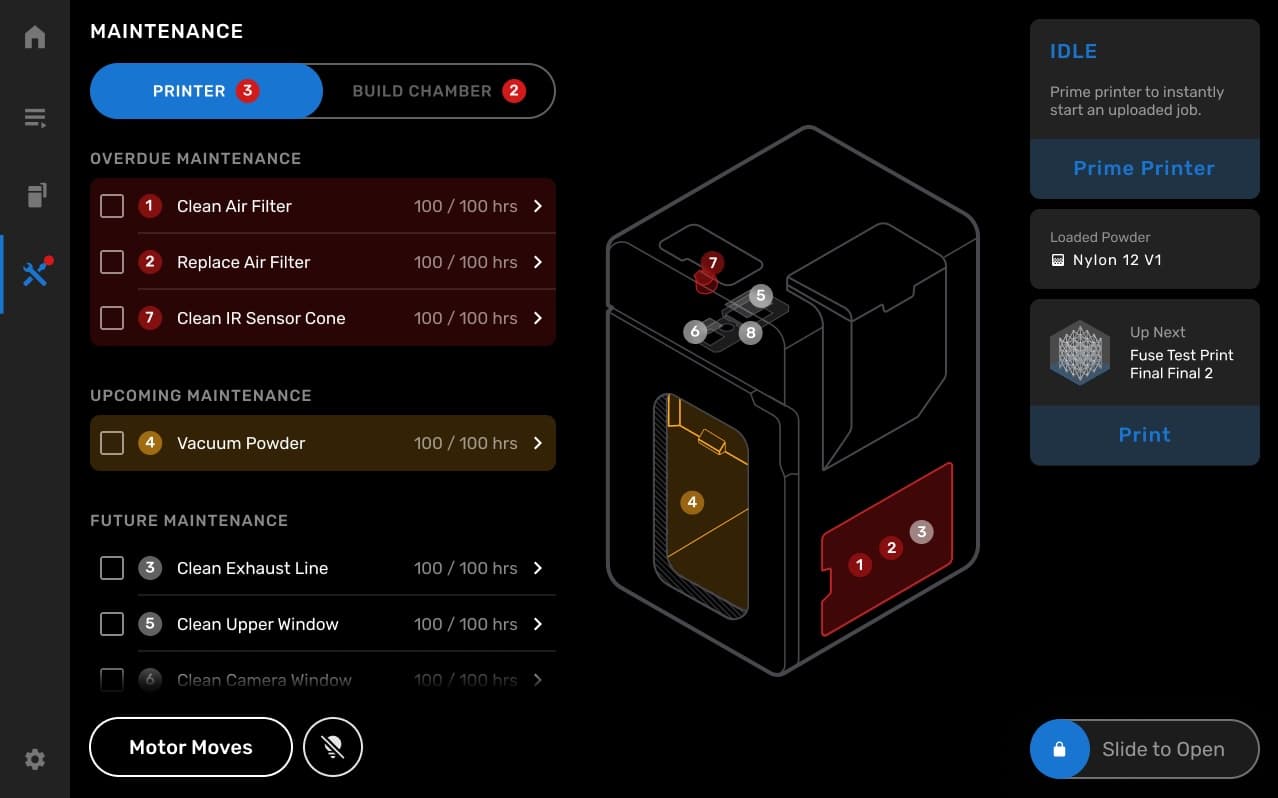 The Fuse 1's touchscreen is displaying the 'Maintenance' screen