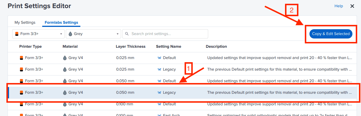 Creating a custom print setting in the PreForm Print Settings Editor
