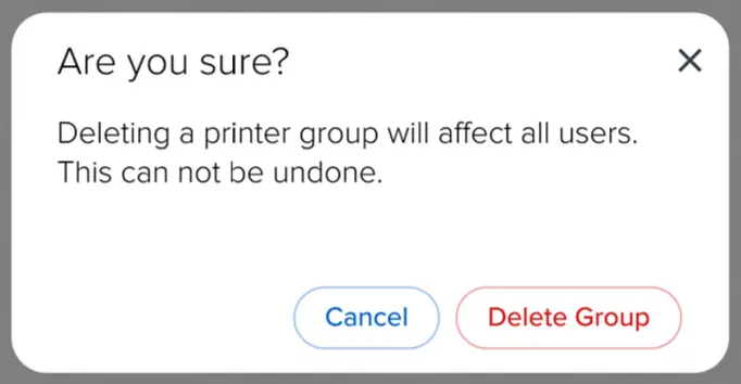 Printer Groupからのプリンタの削除時、確認画面が表示