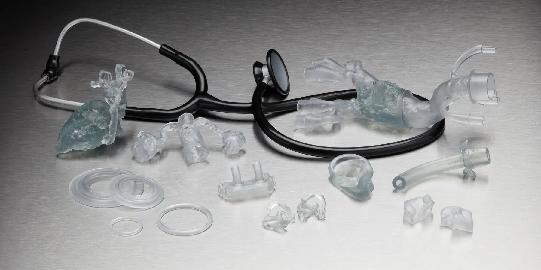 A selection of medical device parts printed with BioMed Elastic 50A Resin
