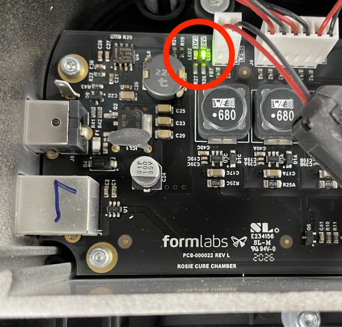 Status LED location on a Form Cure rev. L motherboard