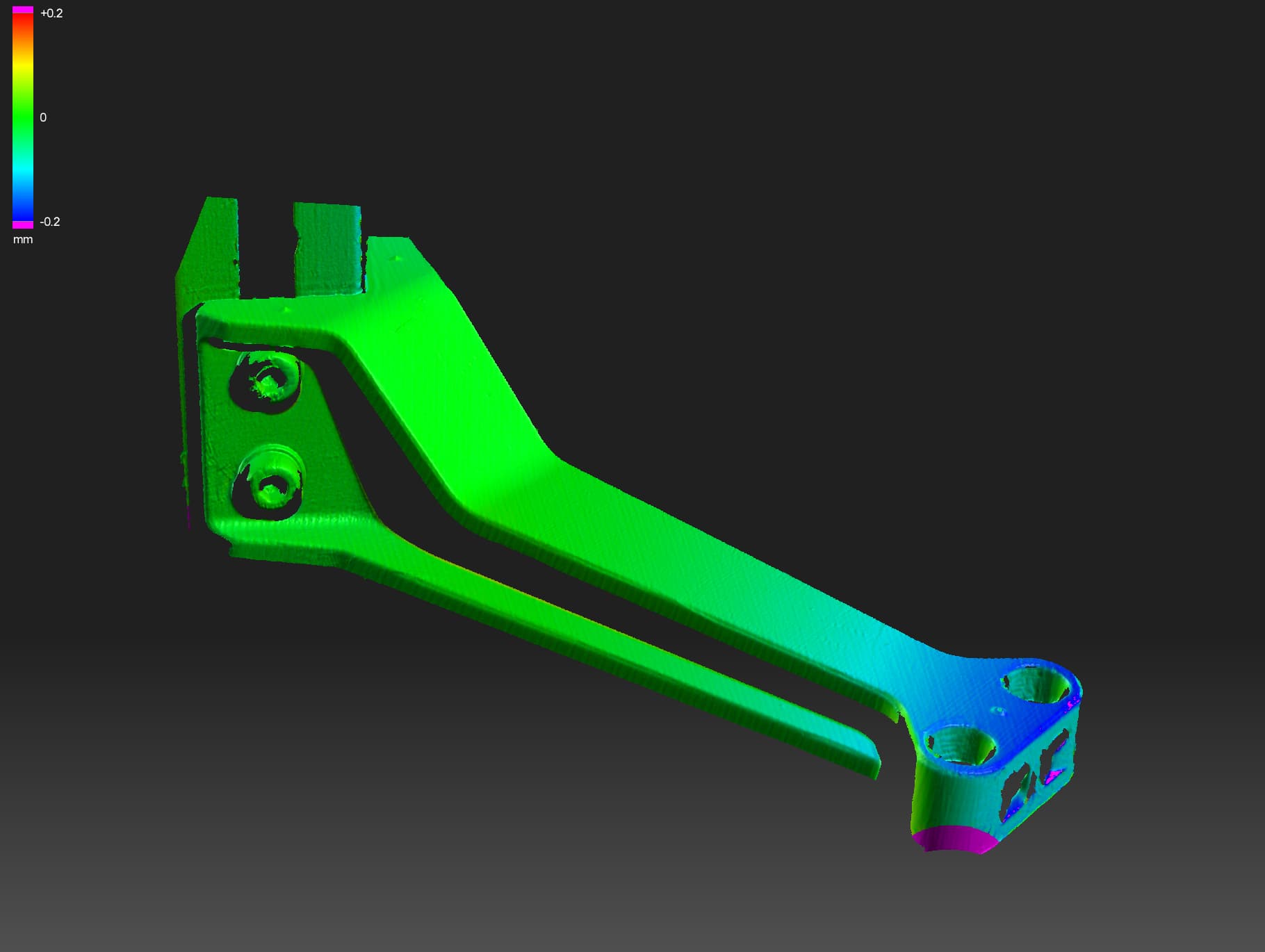 Deflection analysis of the plated TopOpt part. 3D Scanned from fixed view, unloaded and loaded.