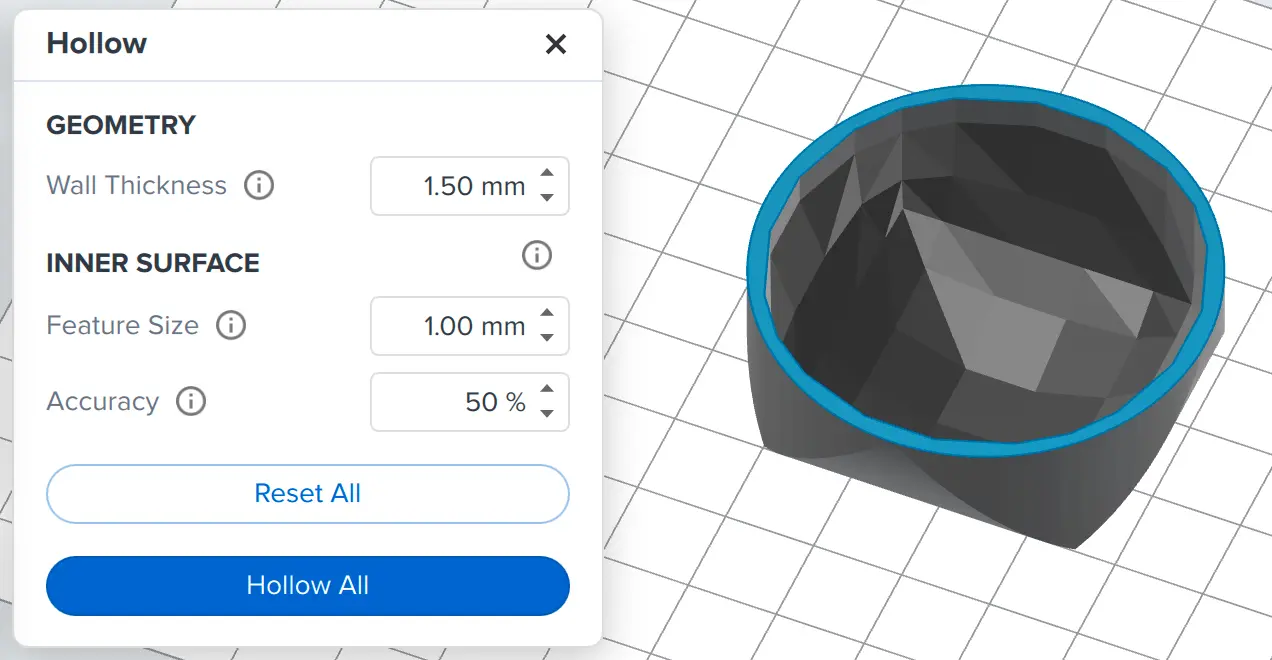 A model hollowed using the default settings