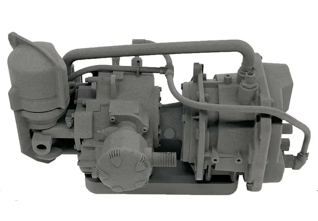 sls 3d printed model of an electric compressor by Bendix commercial vehicle systems LLC