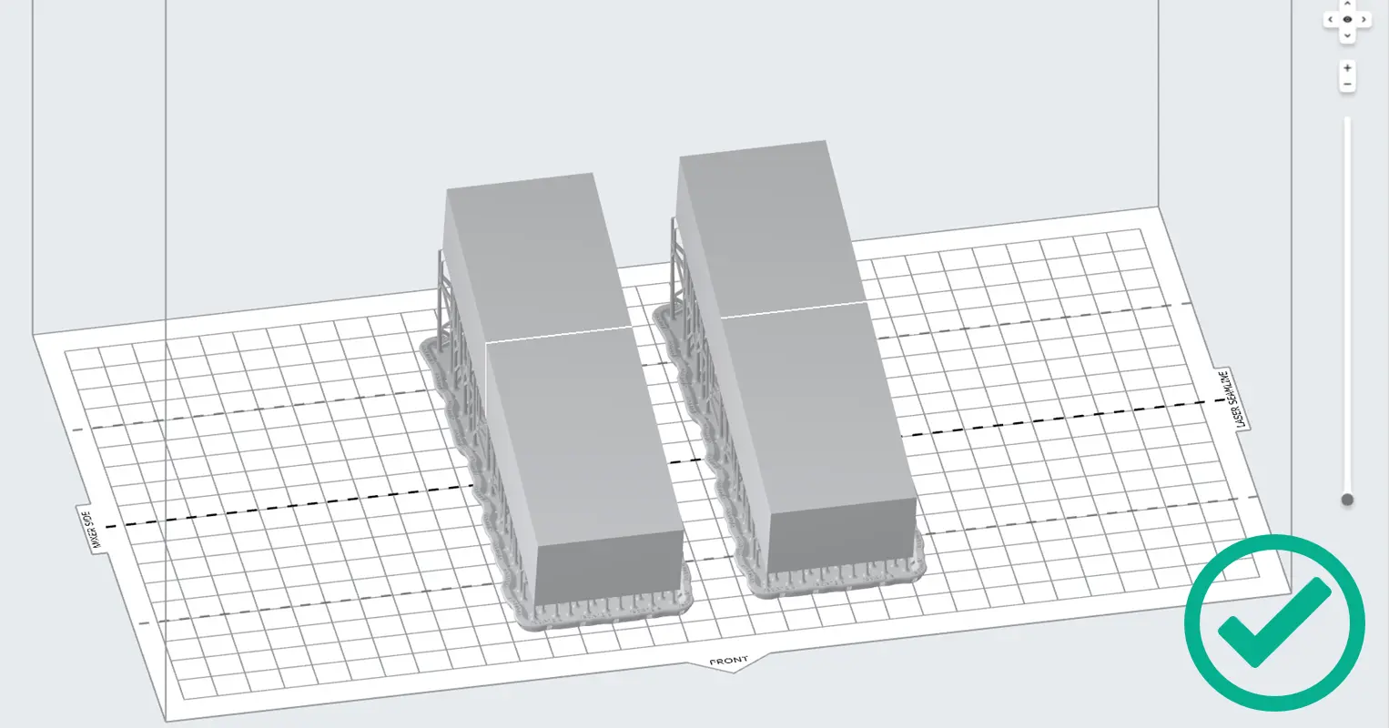 Two rectangular models are shown in PreForm with support rafts.
