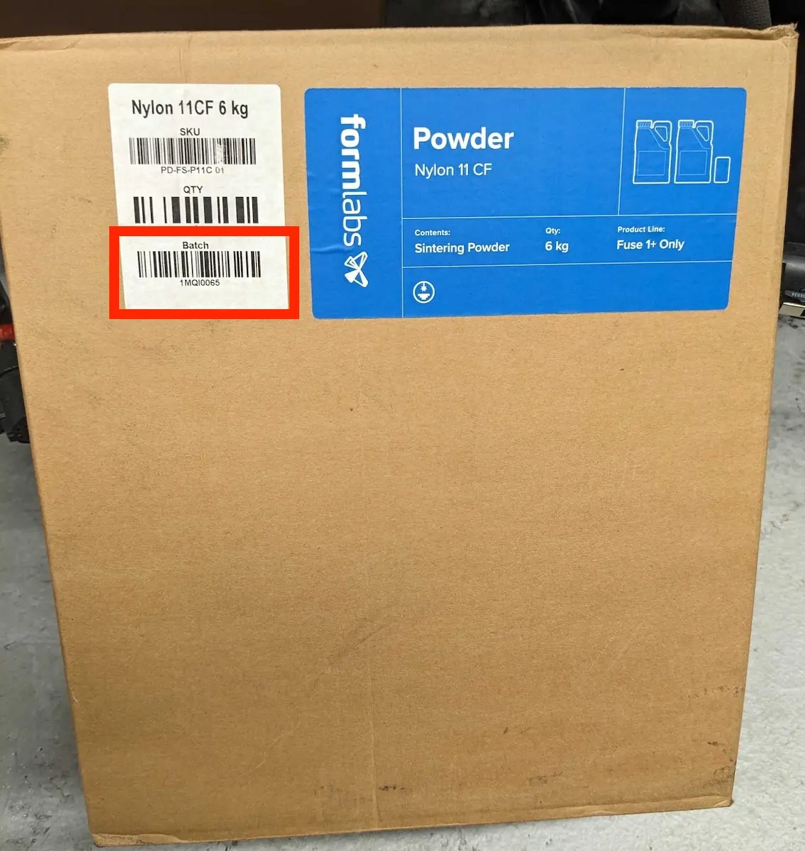 Example of a powder lot number on a powder box