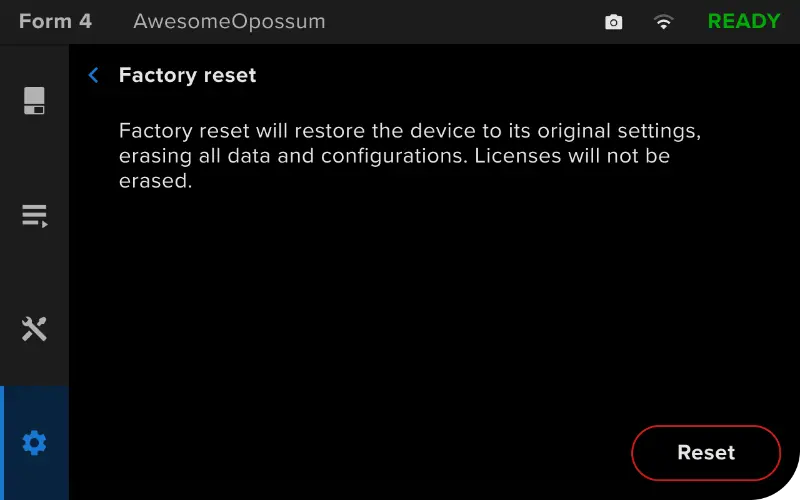 Form 4 factory reset screen