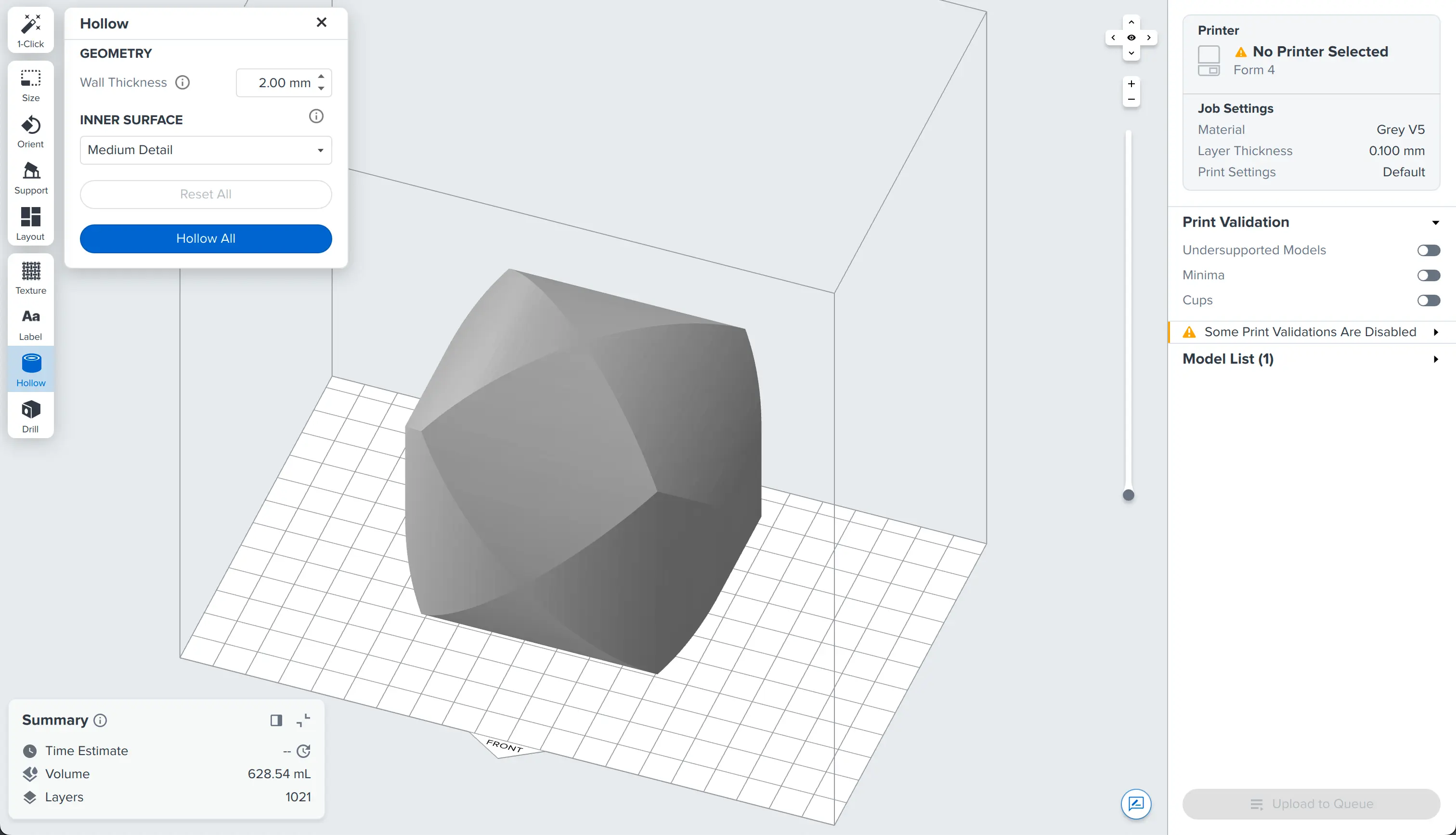 Preparing to hollow a model in PreForm