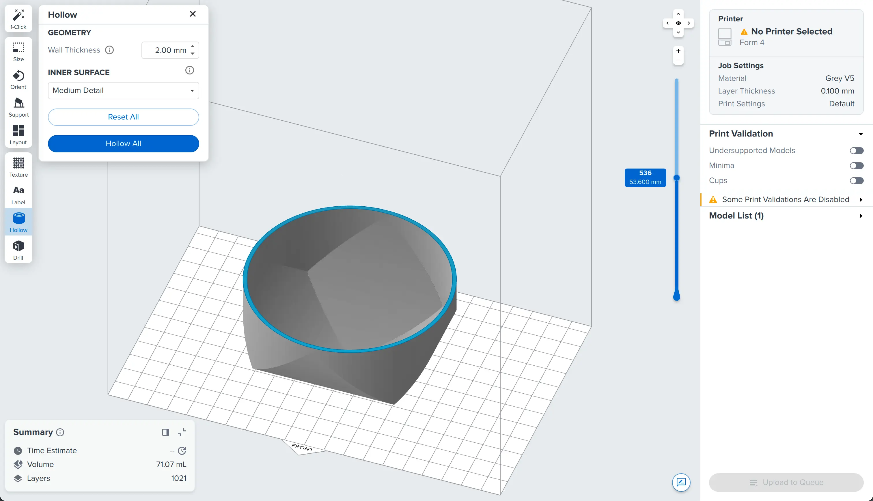 Model hollowed using PreForm