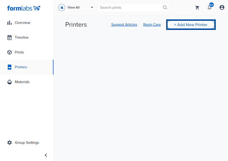 DashboardのAdd New Printer(新しいプリンタを追加)ボタン
