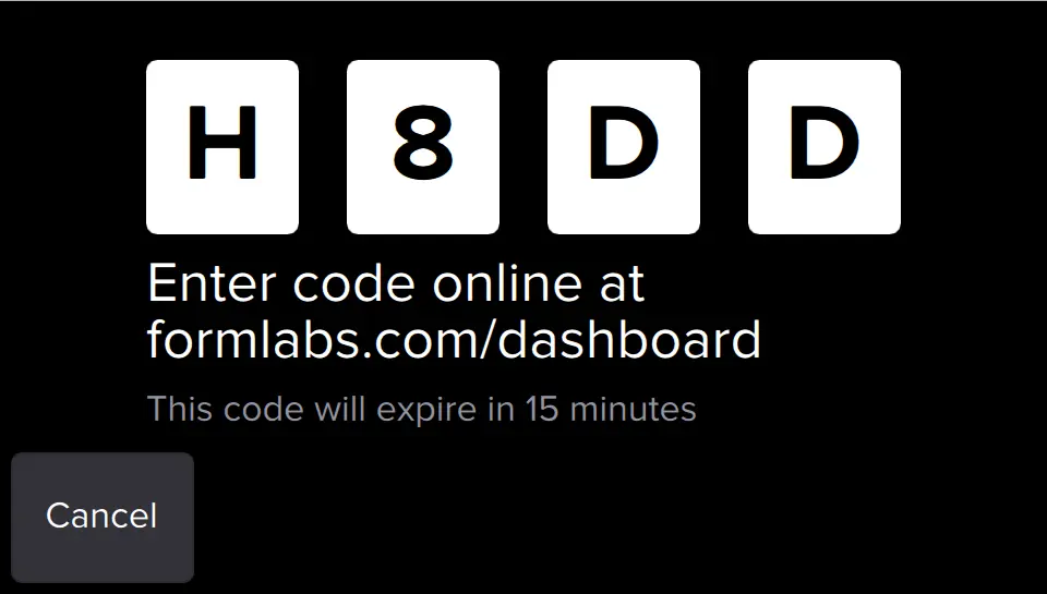 Dashboardの登録コードが表示されているForm 2のタッチスクリーン