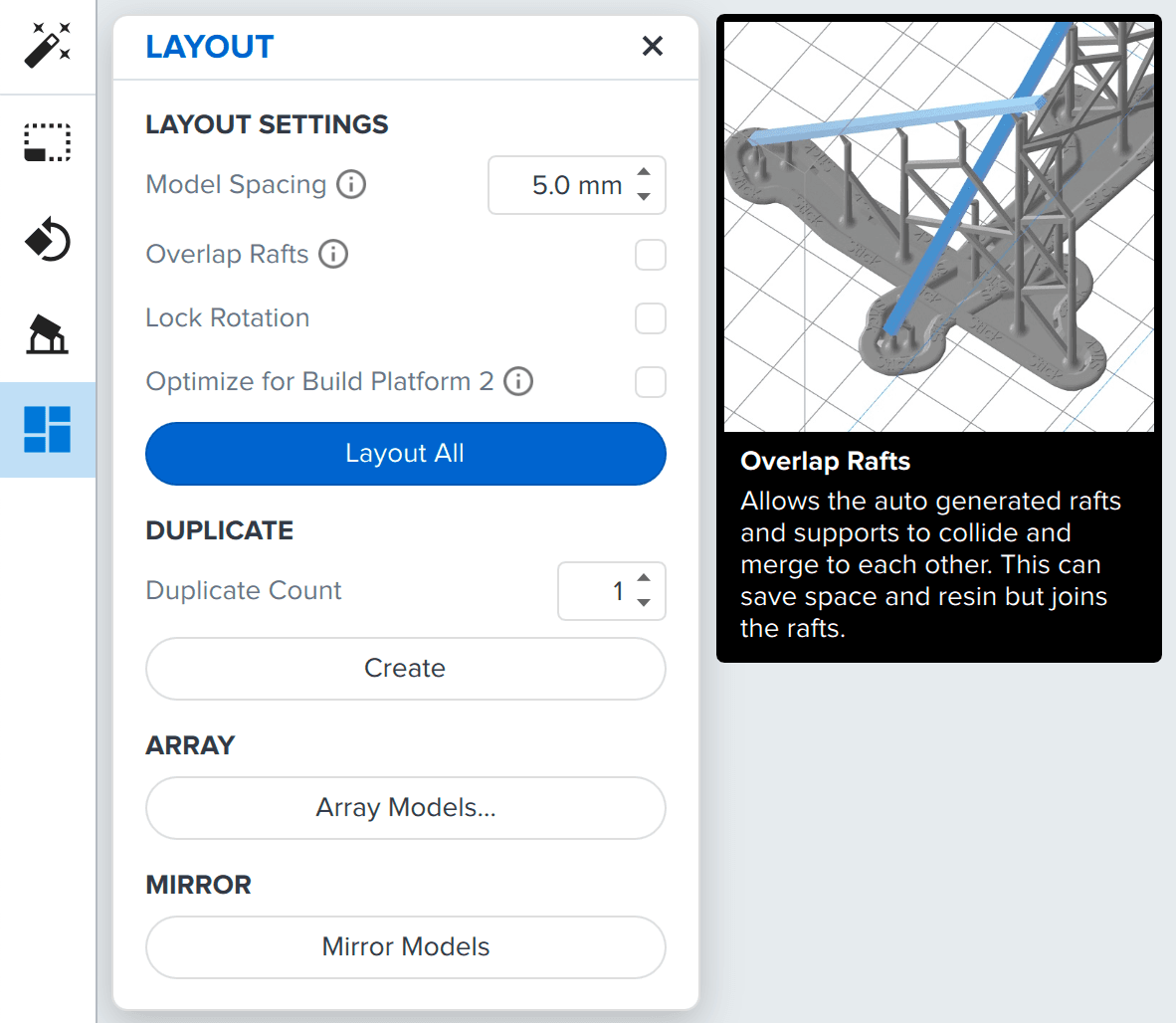 The Layout panel in PreForm with the Overlap Rafts info box highlighted.