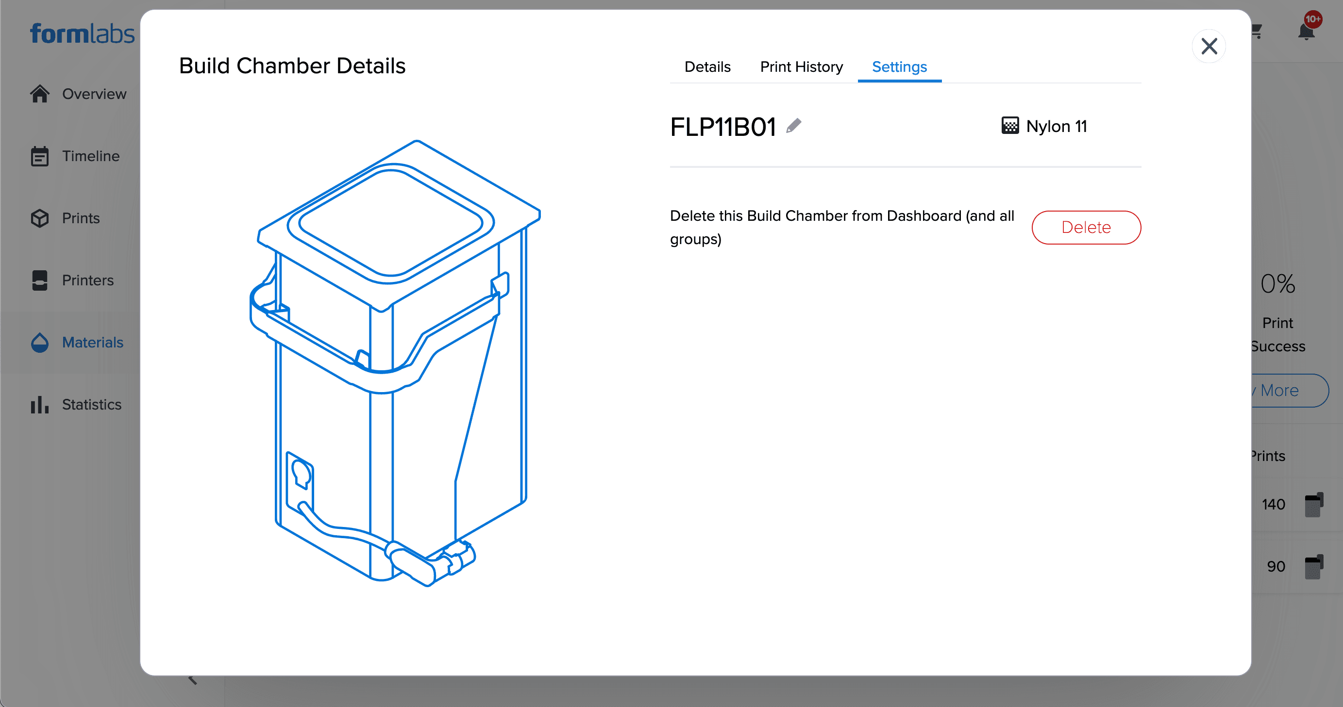 Build Chamber Details画面のSettings(設定)タブが表示され、Dashboardからタンクを削除するオプションが表示されます。